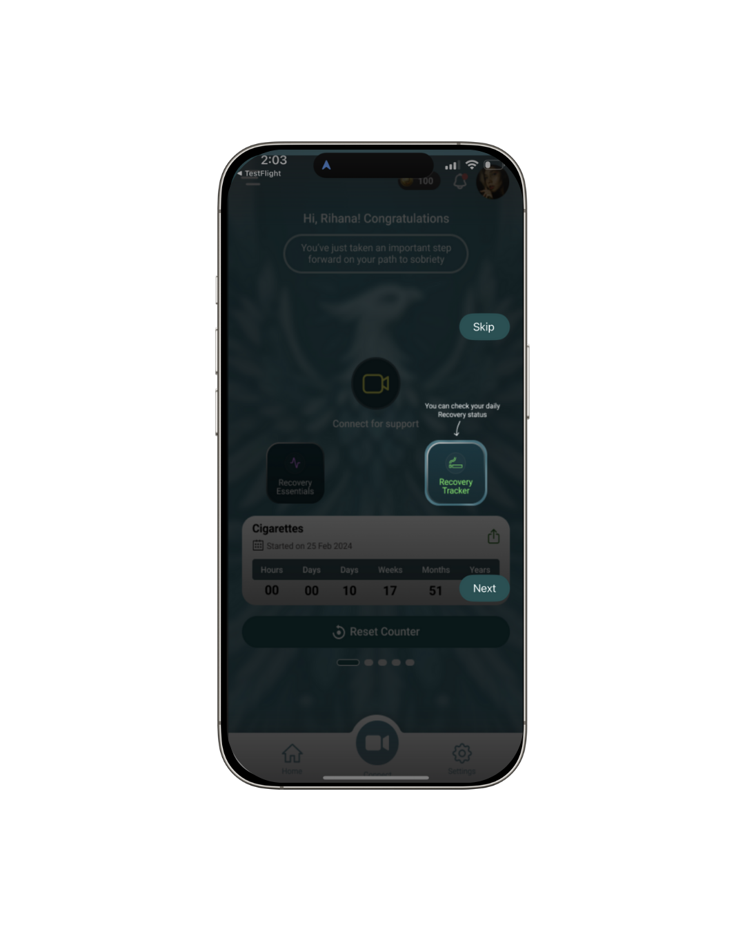 Connect Sobriety app recovery tracking screen